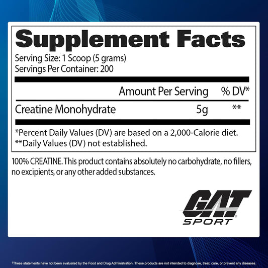 Gat Sport Creatine Monohydrate Powder 1000 Grams, Strength, Glp1 Support, Brain Health, Anti-Oxidant, Endurance, For Men & Women, 1 Kilo, Unflavored (200 Servings)