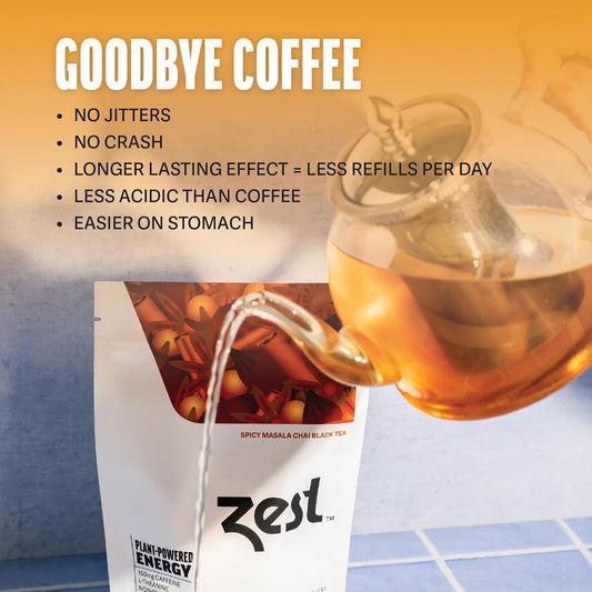 Zest 150Mg High Caffeine Energy Leaf Blend - Spicy Masala Chai Black Tea - 20 Pack Bag - All Natural Strong Flavored Healthy Coffee Alternative Highly Caffeinated Substitute - Perfect For Keto Diet