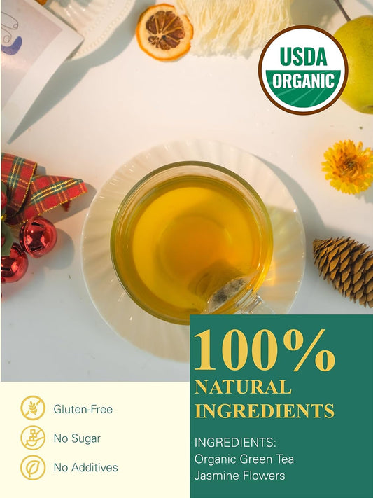 Gldnt Organic Jasmine Green Tea Bags, Organic Green Tea Scented With Jasmine Flowers, Floral Aroma & Smooth Taste, 100 Count