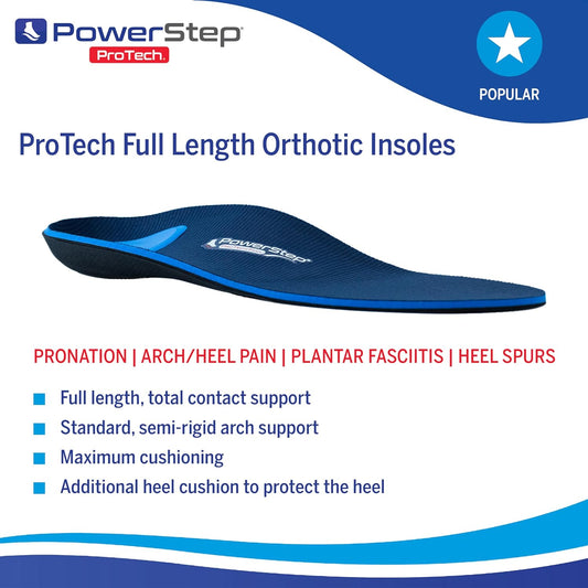 Powerstep Protech Full Length Orthotic Insoles - Medical Grade Arch Support Inserts For Relieving & Preventing Plantar Fasciitis + Heel Pain - Maximum Cushioning + Memory Foam Orthotics