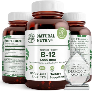 Natural Nutra Vitamin B12 1000 Mcg, Cobalamin B 12 Supplement, Calcium Phosphate, Help In Metabolism Health, Optimal Absorption, Gluten Free, Sugar Free, 100 Vegan Tablets