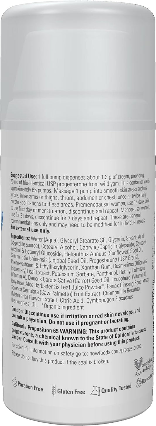 Now Solutions, Natural Progesterone, Balancing Skin Cream, 20 Mg Of Natural Progesterone Per Pump, Unscented, 3-Ounce