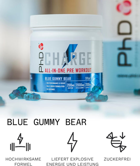 Phd Charge, All In One Pre Workout Powder With Creatine For Women And Men, Rich In Beta Alanine, High Caffeine For Pre-Workout, Blue Gummy Bear Flavour, 20 Servings Per 300G Bottle
