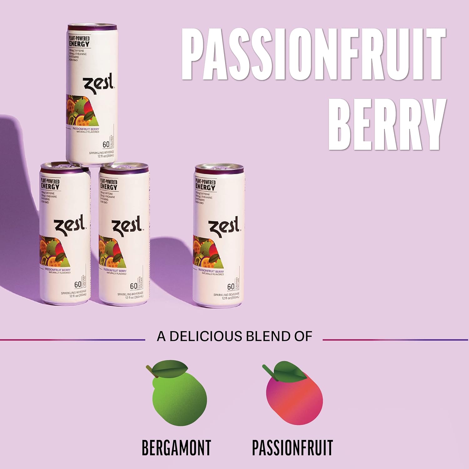 Zest Plant Powered Natural Energy Sparkling Drink - Passionfruit Berry - 150Mg Caffeine + 100 Mg L-Theanine - 12Oz Can 12 Pack - Low Sugar, 60 Cals, Healthy Coffee Substitute, Non Gmo High Caff Blend