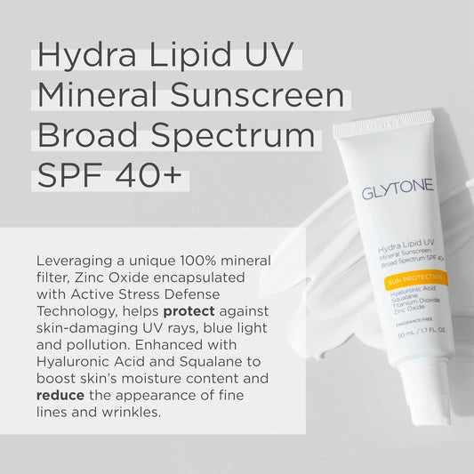 Glytone Hydra Lipid Uv Mineral Sunscreen | Broad Spectrum Spf 40+ Daily Face Sunscreen | Hydrating Sunblock With Hyaluronic Acid, Squalane, Titanium Dioxide & Zinc Oxide | 1.7 Fl. Oz