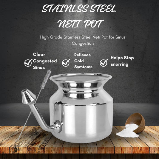 304 Grade Stainless Steel Ayurvedic Jal Neti Pot For Sinus Congestion And Nasal Cleansing Non - Corrosive Unbreakable Hygienic Smooth Nose Tip Snugly Fits