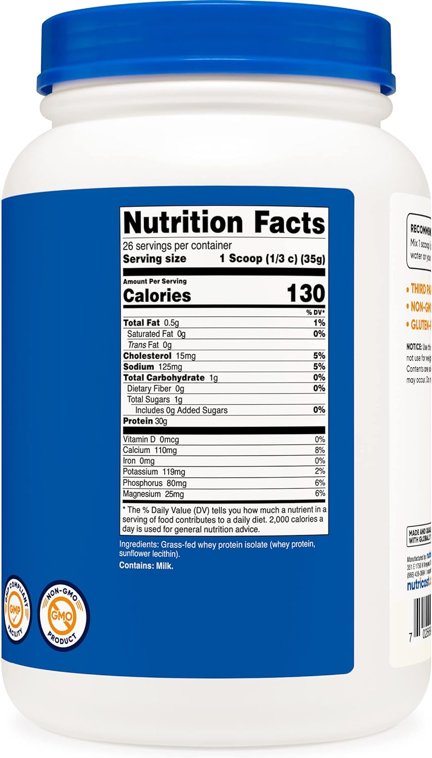 Nutricost Grass-Fed Whey Protein Isolate (Unflavored) 2LBS - Non-GMO,
