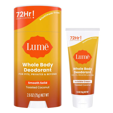 Lume Whole Body Deodorant - Invisible Cream Tube Mini And Solid Stick Bundle - 72 Hour Odor Control - Aluminum & Baking Soda Free, Skin Loving (Toasted Coconut)