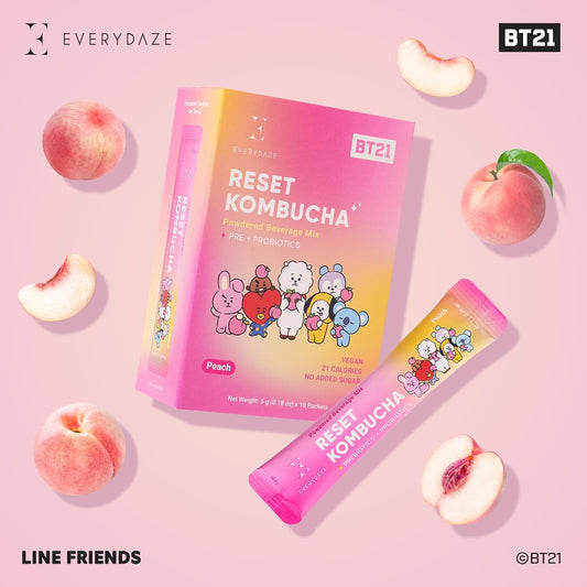 Everydaze Bt21 Reset Kombucha Tea Powdered Beverage Mix | 10 Sticks | Prebiotics + Probiotics | Vegan | No Added Sugar, Gluten Free, Sparkling Powder Drink Pack (Peach)