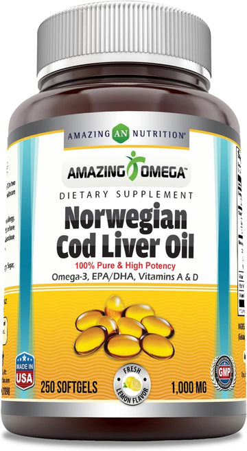 Amazing Omega Norwegian Cod Liver Oil 1000 Mg 250 Softgels | Lemon Flavor