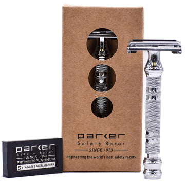 Parker 66R Long Handle Butterfly Safety Razor β Twist-To-Open Brass Frame With Textured Graphite Finish For Close, Comfortable Shaves