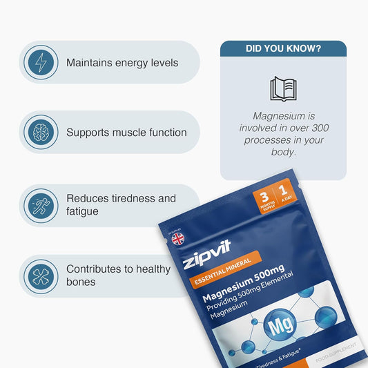 Zipvit Magnesium 500Mg, 90 Vegan Tablets, High Strength Magnesium Supplement, Supports Bones And Teeth, Muscle Energy, Reduces Tiredness And Fatigue, 3 Month Supply