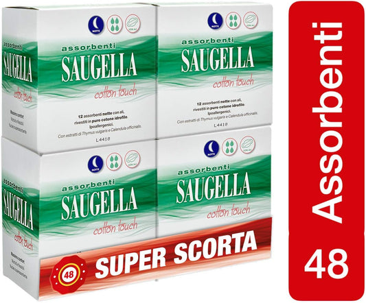 Saugella Cotton Touch Active Night Absorbent With Hypoallergenic Cotton Wings 48 Pieces - 80G