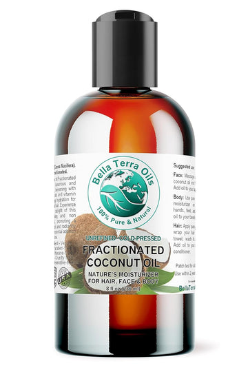 Bella Terra Oils - Organic Fractionated Coconut Oil 8 oz - Experience the Purity of Liquid Coconut, Bursting with Essential Fatty Acids, Elevate Your Skin Rituals