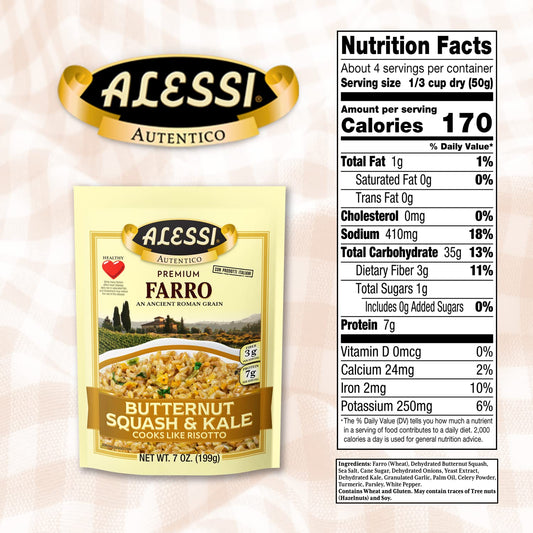 Alessi Autentico, Premium Seasoned Roman Grain Farro, Cooks Like Risotto, Heart Healthy, Easy To Prepare, 7Oz (Butternut Squash & Kale, Pack Of 6)