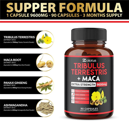 Zolotus Premium Tribulus Terrestris Capsules - 9600Mg Per Serving - Combined With Ashwagandha, Panax Ginseng & Maca - Boost Energy, Mood, Stamina & Immune - 90 Counts For 3 Months