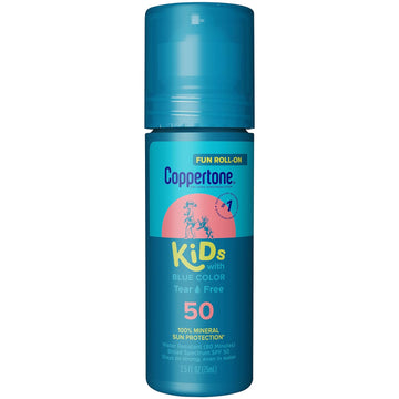 Coppertone Kids Roll-On Sunscreen with Blue Color, Zinc Oxide Sunscreen Lotion, Kids Tear Free Sunscreen, 2.5 fl oz bottle