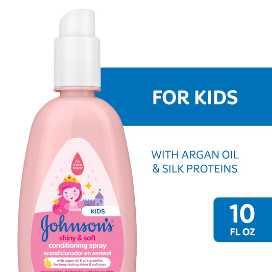 Johnson'S Kids Shiny & Soft Hair Conditioning Spray With Argan Oil & Silk Proteins, Tear-Free Conditioning Spray For Shine & Softness, Gentle For Toddler Haircare, 10 Fl. Oz
