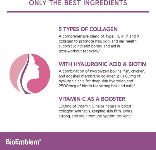 Bioemblem Beauty Collagen - 11G Hydrolyzed Multi-Collagen Peptides, Hyaluronic Acid, Vitamin C & Biotin - Bovine, Fish & Eggshell Membrane Collagen - Skin, Hair, Nail, & Joint Health - 30 Servings