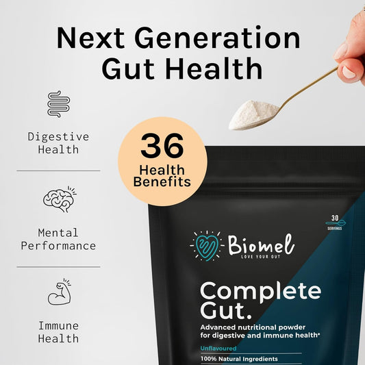 Biomel Complete Gut - Unflavoured - Advanced Gut Health - 150G/30 Servings - Vegan Friendly - Gluten Free - Delicious & Effective