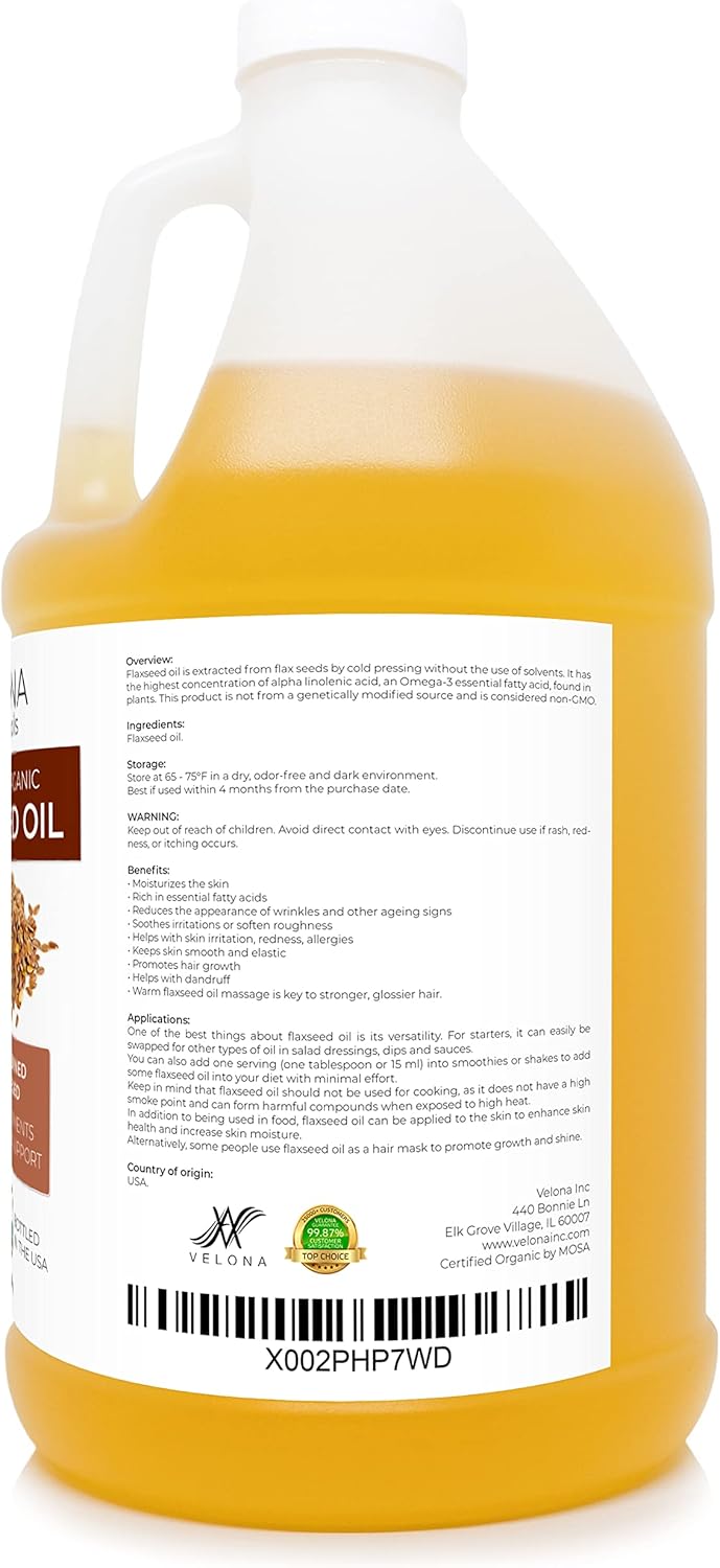 velona USDA Certified Organic Flaxseed Oil - 64 oz | 100% Pure and Natural Carrier Oil | Unrefined, Cold Pressed : Beauty & Personal Care