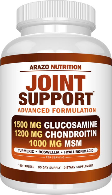 Arazo Nutrition Glucosamine Chondroitin Turmeric Msm Boswellia - Joint Support Supplement For Relief 180 Tablets For Bones, Back, Knees, Hands (180 Tablets)