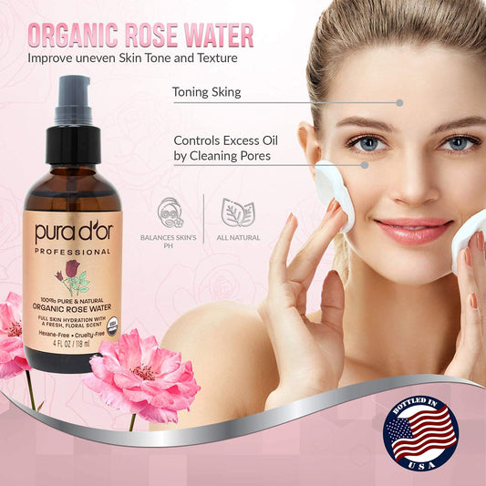 Pura D'Or Organic Rose Water Toner (4Oz / 118Ml) Eau Fraiche, 100% Pure Full Skin Hydration, Control Excess Oils & Acne - Cleanses & Softens - Promotes Healthy Skin Cell - For All Skin Types