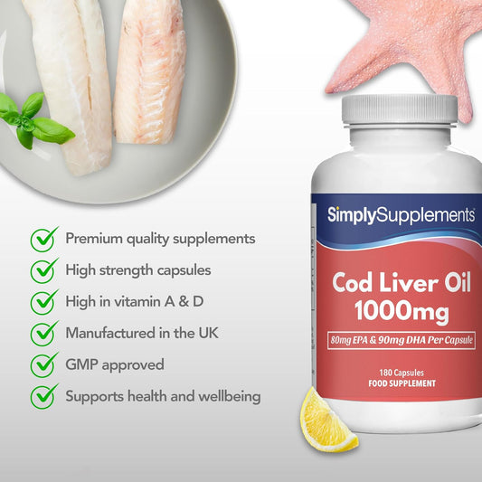Pure Cod Liver Oil 1000mg | Rich in Omega 3 Fatty Acids with 240mg of EPA and 270mg of DHA per Serving | 180 Capsules = Up to 2 Months' Supply | Manufactured in The UK