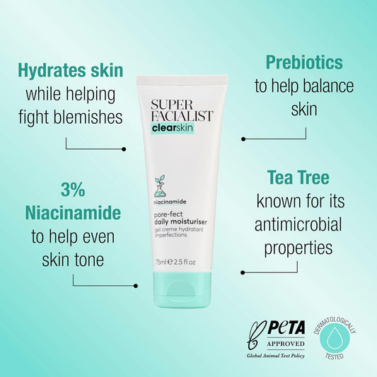 Super Facialist Pore-Fect Daily Moisturiser - Hydrate & Control Oil For Acne Treatment & Blackhead Remover With 3% Niacinamide, Tea Tree Oil & Prebiotics, Vegan Friendly 75Ml