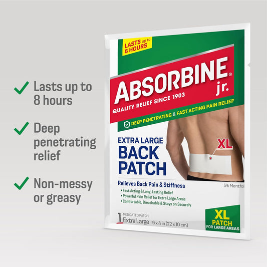 Absorbine Jr. Pain Relief Patches, Extra Large Back Pain Patch With Menthol For Lower Back Muscle Aches And Cramps, 18 Count, White