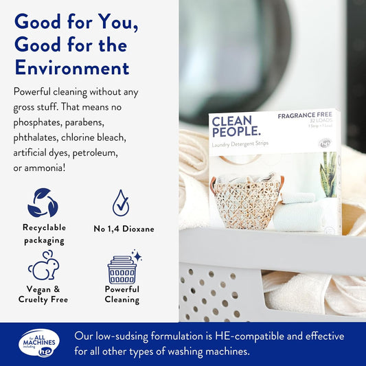 The Clean People Fragrance Free Laundry Detergent Sheets - Hypoallergenic Laundry Soap - Ultra Concentrated, Recyclable Packaging, Stain Fighting - Fragrance Free, 32 Pack