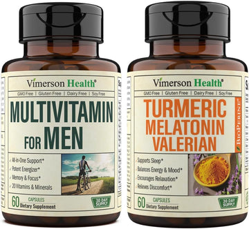 Vimerson Health Mens Multivitamins + Turmeric Melatonin Valerian Bundle For Joint Support And Discomfort Relief, Immune Health & Inflammatory Response