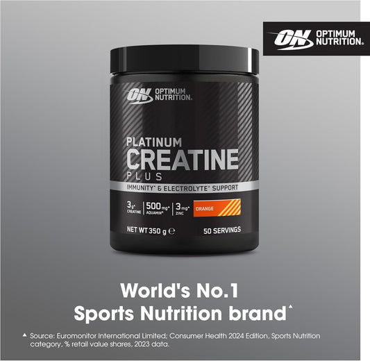 Optimum Nutrition Platinum Creatine Plus, Advanced Food Supplement To Increase Power And Performance, With Aquamin Magnesium For Electrolyte Balance, Orange Flavour, 50 Servings, 350 G