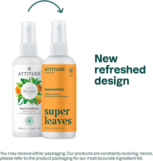 Attitude Hand Sanitizer Spray For Adults And Kids, Ewg Verified, Kills Bacteria And Germs, Vegan, Orange Leaves, 3.38 Fl Oz (Spray Bottle)