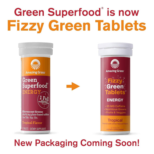Amazing Grass Effervescent Energy Tablets: Greens + Green Tea Caffeine, Water Flavoring Tablet With Antioxidants, Nootropics Support, Tropical, 10 Count (Pack Of 3)