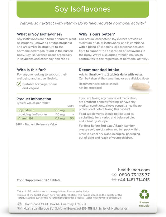 Healthspan Soy Isoflavones Hormone Balance 100Mg | With Vitamin B6 | Regulate Hormonal Activity | Natural Plant Oestrogen | 40% Isoflavone Content | Soy Germ Extract | Vegan (120 Tablets)