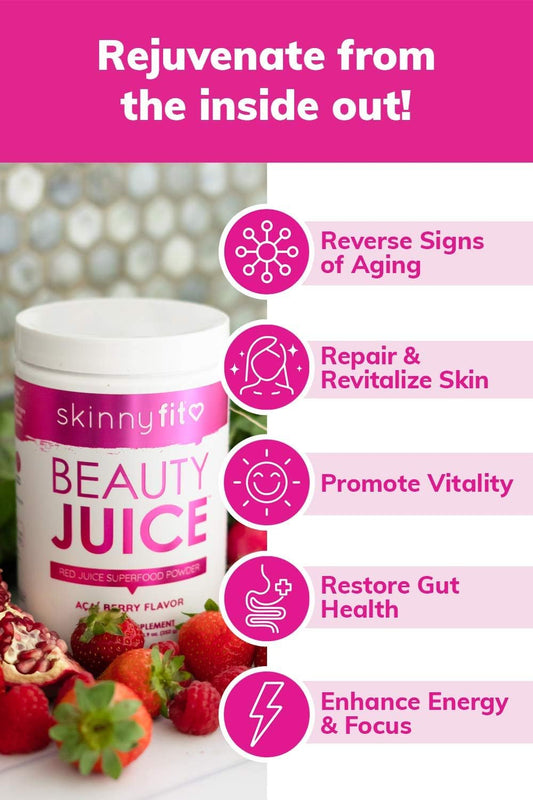 Skinnyfit Beauty Juice, Red Superfood Powder, Acai Berry Flavor - Anti-Aging, Aids In Digestion, Helps Boost Mood & Immunity, Prebiotics & Probiotics, 30 Servings