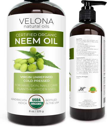 Velona Neem Oil Usda Certified Organic - 8 Oz | 100% Pure And Natural Carrier Oil | Virgin, Unrefined, Cold Pressed | Hair, Body And Skin Care | Use Today - Enjoy Results…
