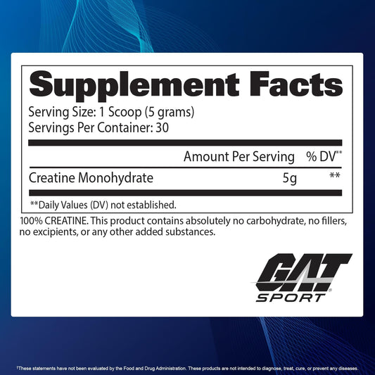 Gat Sport Creatine Monohydrate Powder, 300 Grams, Strength, Brain Health, Anti-Oxidant, Endurance, For Men & Women, 2 Month Supply, Unflavored (60 Servings)