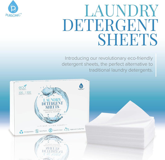 Pursonic Eco Laundry Detergent Sheets - 30 Sheet (60 Loads) Natural Zero Plastic Laundry Sheets With Powerful Cleaning Power - Travel Essentials, Quick-Dissolving & Mess-Free (Fresh Linen)