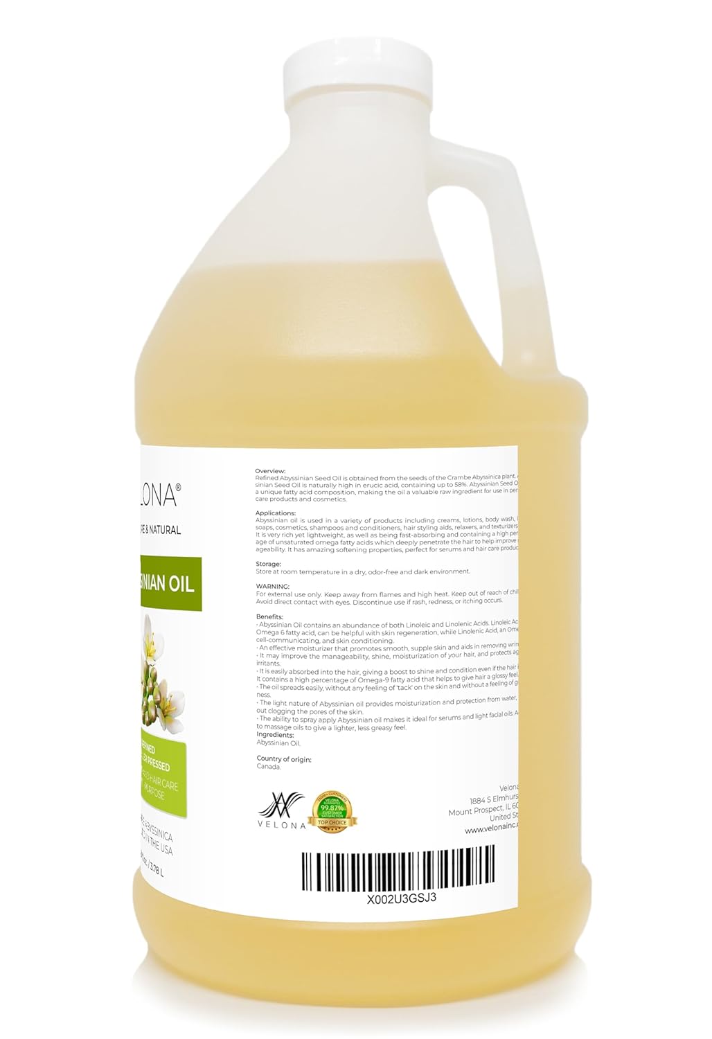 velona Abyssinian Oil 1 Gallon / 128 Fl Oz | 100% Pure and Natural Carrier Oil | Cold Pressed | Hair, Body Care | Use Today - Enjoy Results : Beauty & Personal Care