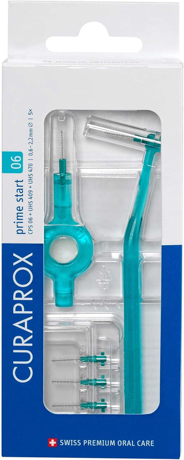 Curaprox Cps 06 Prime Start Interdental Brush Kit, Turquoise - 5 X 0.6Mm - 2.2Mm Interdental Brushes + 2 Interdental Toothbrush Holders