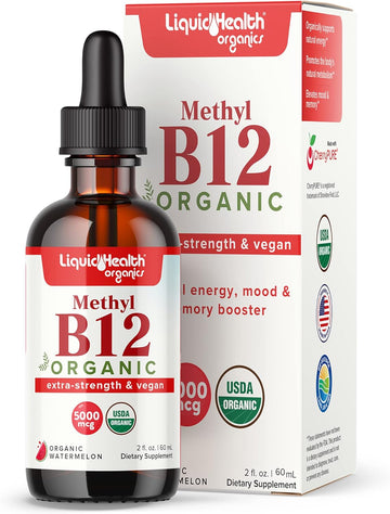 Liquidhealth Methyl Vitamin B12 Organic Liquid Pure Drops, Methylcobalamin Energy Boost, Focus Improve Memory, Natural Metabolism Vegan Safe Sublingual Hydroxocobalamin