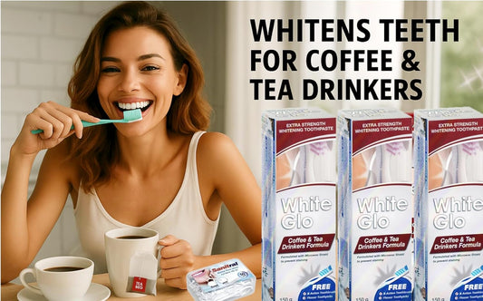 White Glo Premium Coffee & Tea Drinkers Formula Intense Extra Whitening Toothpaste & Toothbrush-100 Ml (Pack Of 3) With Sanitral 50 Pcs Dental Floss Stick Included As A Gift