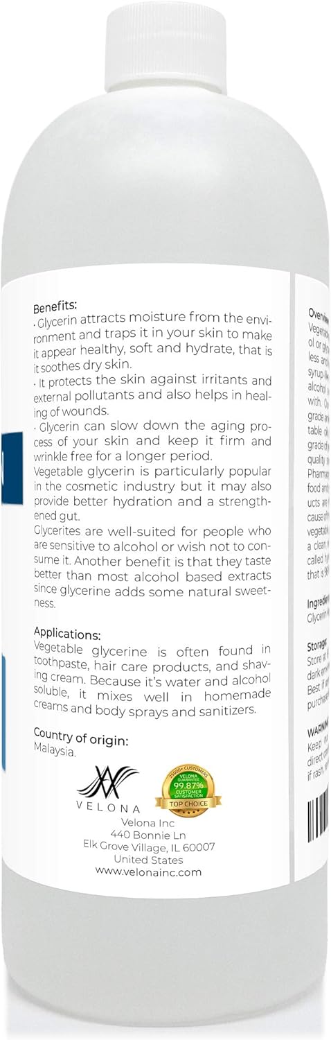 velona Glycerin Vegetable USP Grade 44 oz | 100% Pure and Natural Carrier Oil | Hair and Face Moisturizer for Dry Skin, Bubble Bath, Glycerin Soap, Soap Base | Use Today - Enjoy Results : Beauty & Personal Care