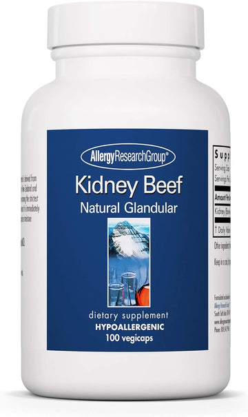 Allergy Research Group Kidney Beef Supplement - Natural Glandular, Freeze-Dried, Bovine, Lyophilized, Beef Organ, Vegetarian Capsules - 100 Count