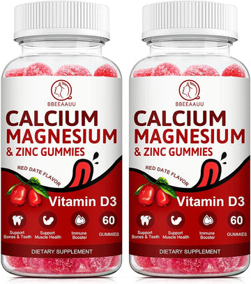 Calcium, Magnesium, Zinc & Vitamin D Gummies - 2 Pack | Vitamins For Women, Men & Kids | Calcium Supplements For Strong Healthy Bones, Zinc Gummies, Gluten-Free, Vegan - 120 Count
