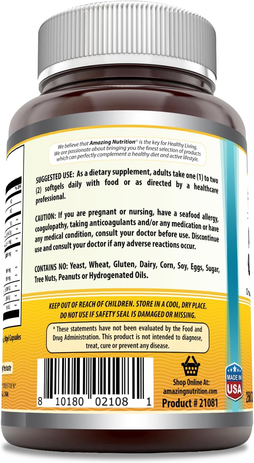 Amazing Omega Norwegian Cod Liver Oil 1000 Mg Softgels Supplement | Omega-3, Epa, Dha, Vitamin A, Vitamin D & Vitamin E (Orange | 250 Count) : Health & Household
