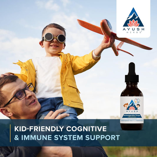 Ayush Herbs Ashwagandha Kids Drops, Ayurvedic Supplement To Support Calm And Cognitive Function For Kids, Alcohol-Free Herbal Drops, 2 Fluid Ounces