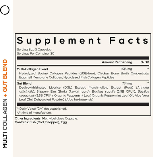 Codeage Multi Collagen + Gut Blend Supplement - Digestive Probiotics, Dgl Licorice, Aloe Vera, Organic Peppermint Leaf, Slippery Elm - Hydrolyzed Bovine Collagen Pills - Non-Gmo - 90 Capsules
